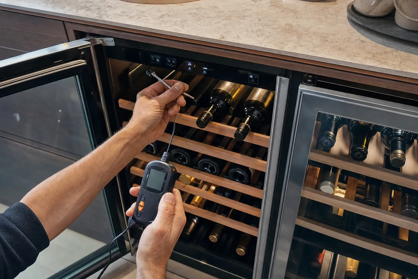 Thermometer probe on a coiled lead held at the open door of an undercounter wine unit, bottles resting on their racks