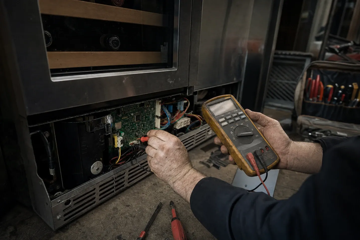Control board in the lower service bay of an undercounter wine unit, blue and red loom running past it, a multimeter probe resting on the board