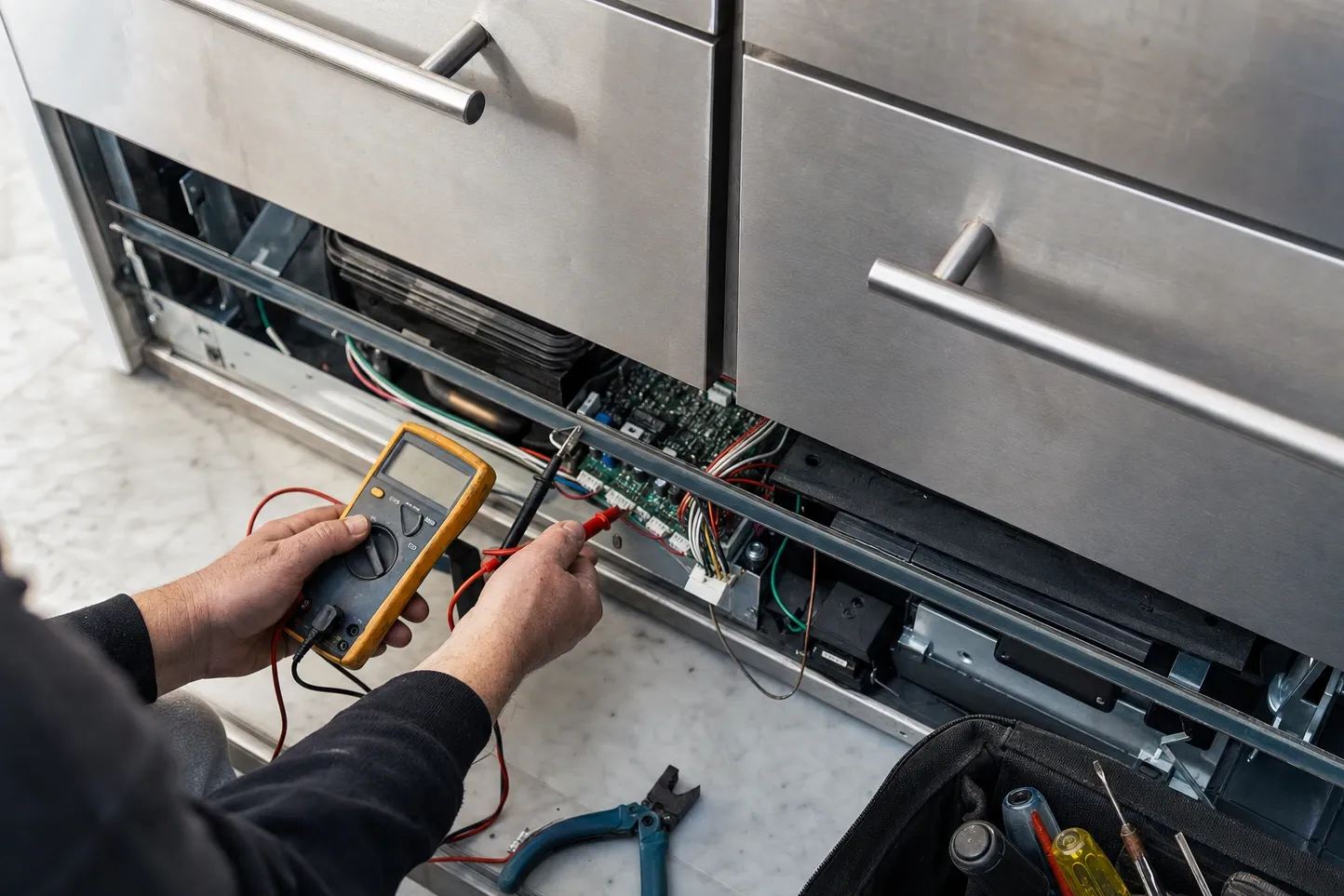 Plinth panel removed from a stainless drawer unit, green control board and coloured wiring loom exposed, a yellow multimeter probing one terminal