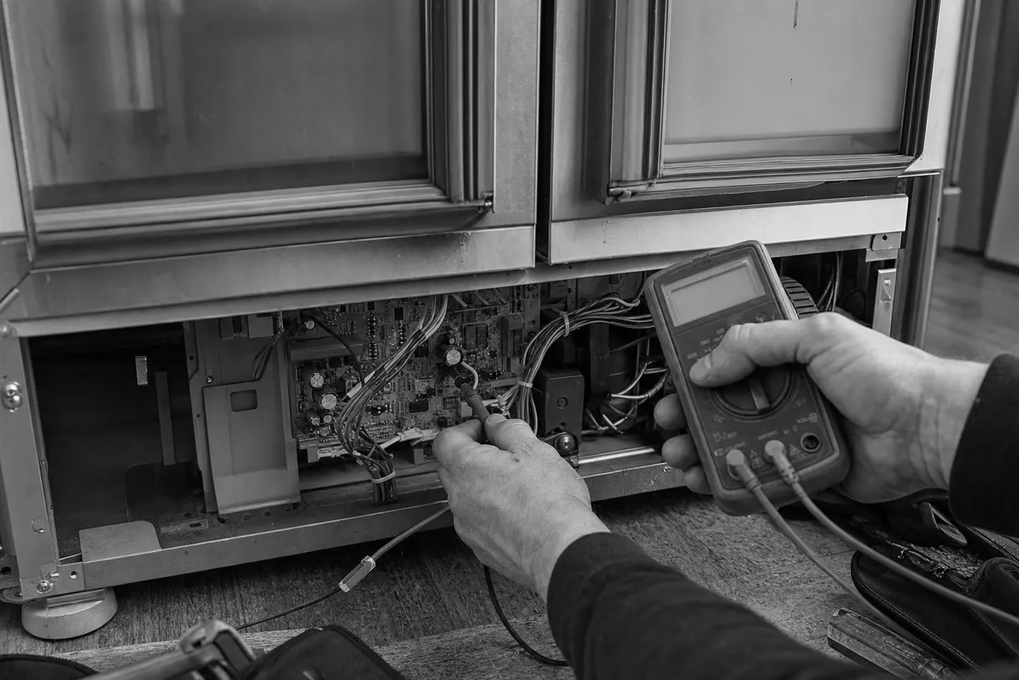Black and white view of the lower grille removed from a pair of tall glass-door cabinets, a large populated control board and its wiring loom exposed, a multimeter probe on the board